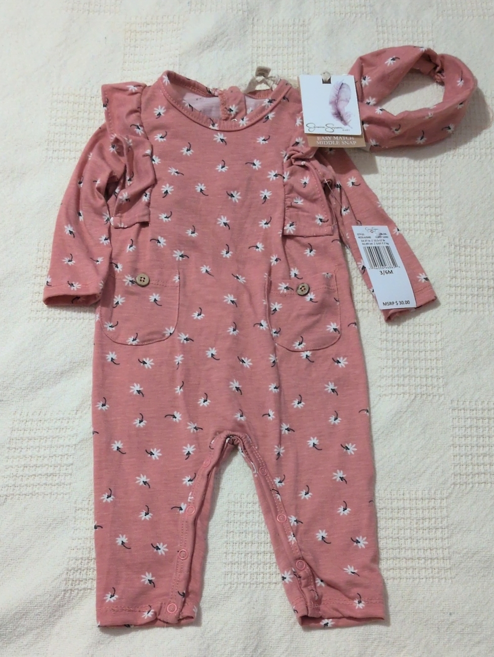 Jessica Simpson Dusty Pink Floral Baby One-Piece with Headband 3/6 Months NWT